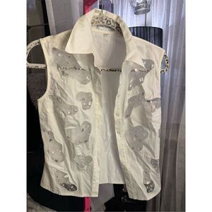 Vintage anne fontaine mesh beaded sleeveless button up shirt,top White size 1